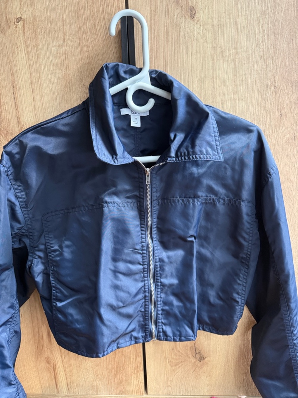 Bar III Navy Satin-Look Cropped Zip-Up Jacket